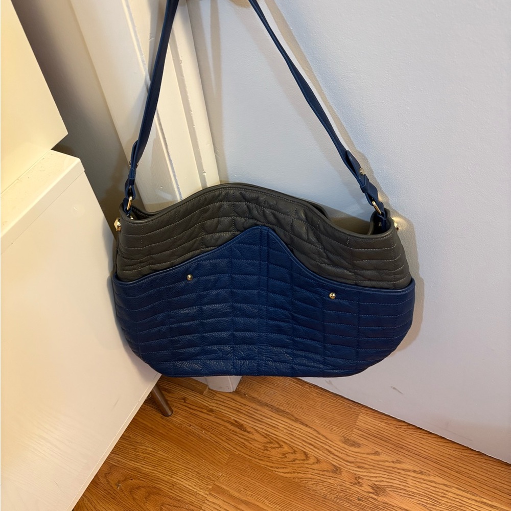 NWOT Hayden Harnett Elegant Navy and Gray Leather Quilted Shoulder Bag